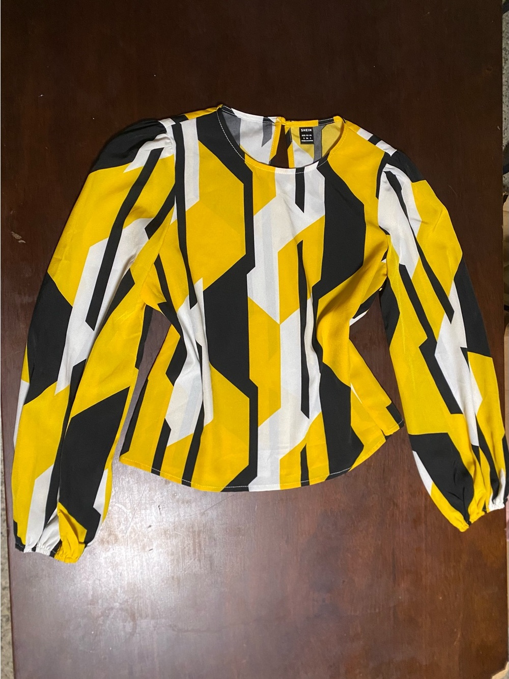 SHEIN Yellow Black White Geometric Long-Sleeve Top Small
